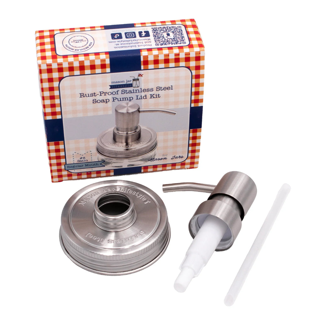 Mason Jar Soap Dispenser Pump with a Satin Finish and Threaded Lid for Regular or Wide Mouth Jars