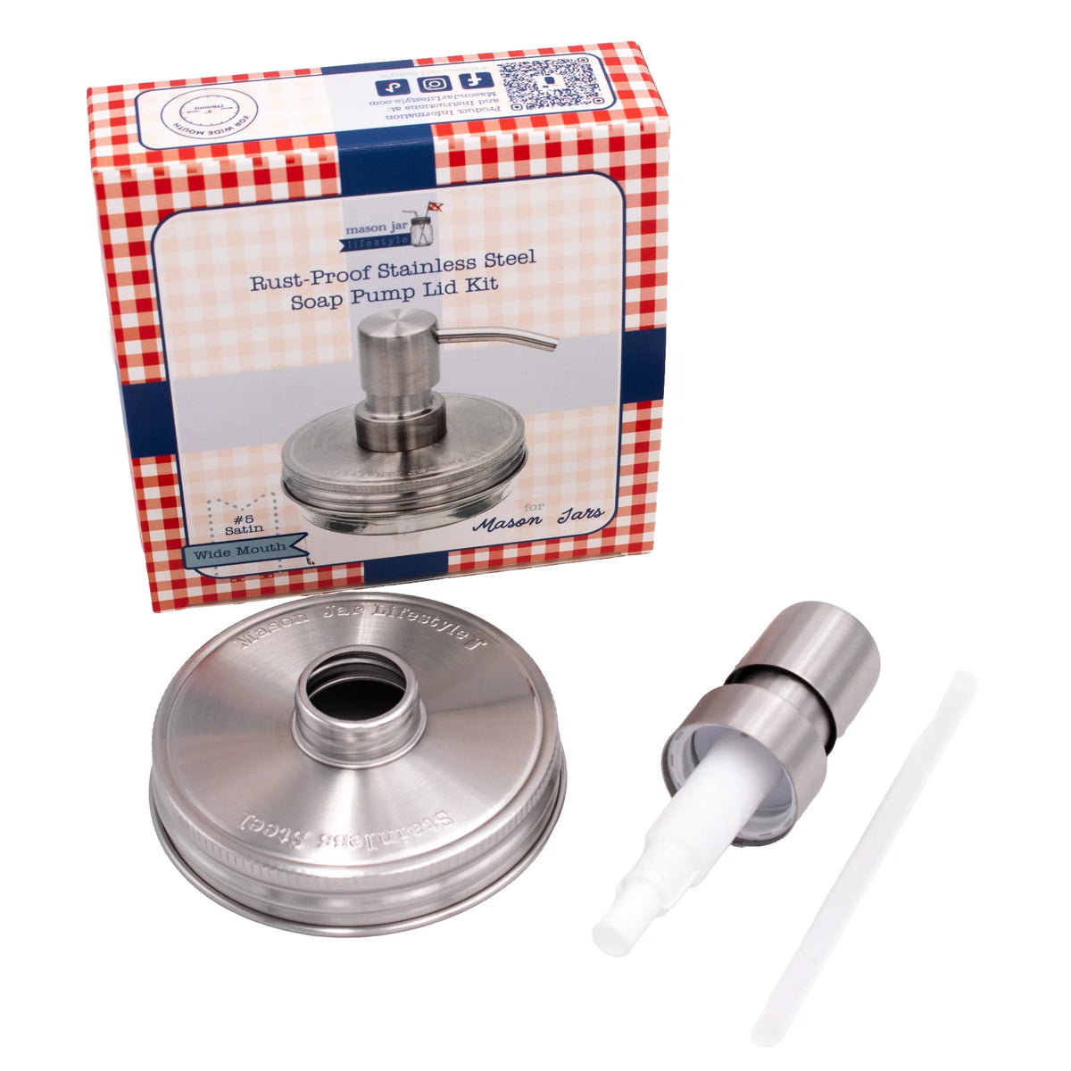 Mason Jar Soap Dispenser Pump with a Satin Finish and Threaded Lid for Regular or Wide Mouth Jars