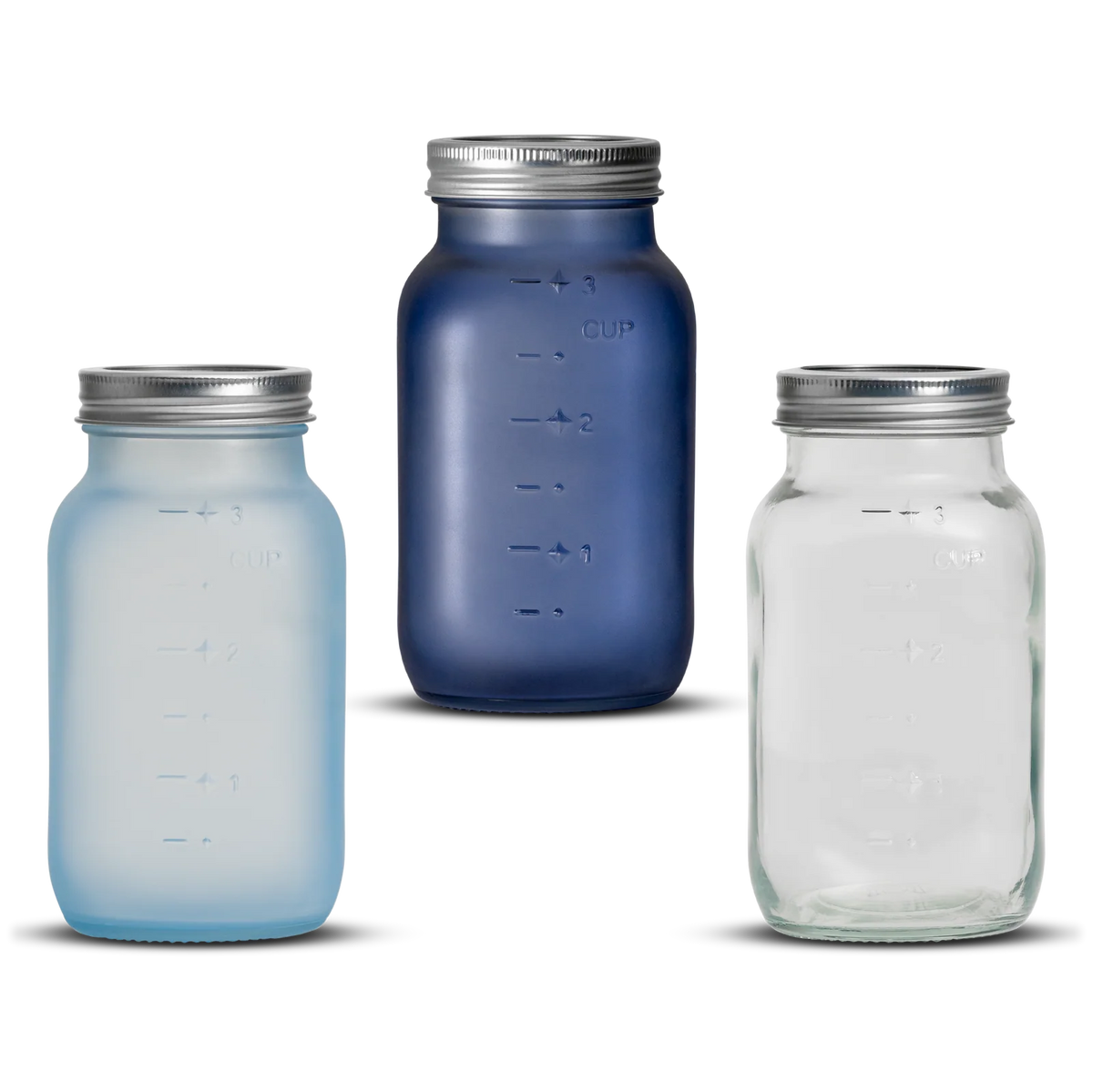 Mason Jars 3-Pack with Airtight Metal Lids, 3.5-Cup Glass Storage Containers in Dark Blue, Light Blue and Clear