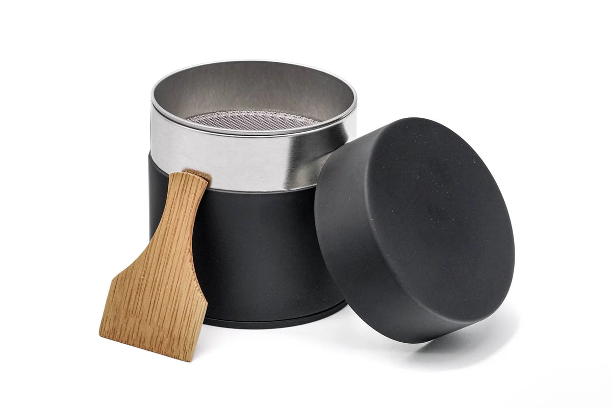Matcha Sifter Canister for Sifting and Storing Tea Powder, Featuring an Inner Screen and Bamboo Paddle — Matte Black