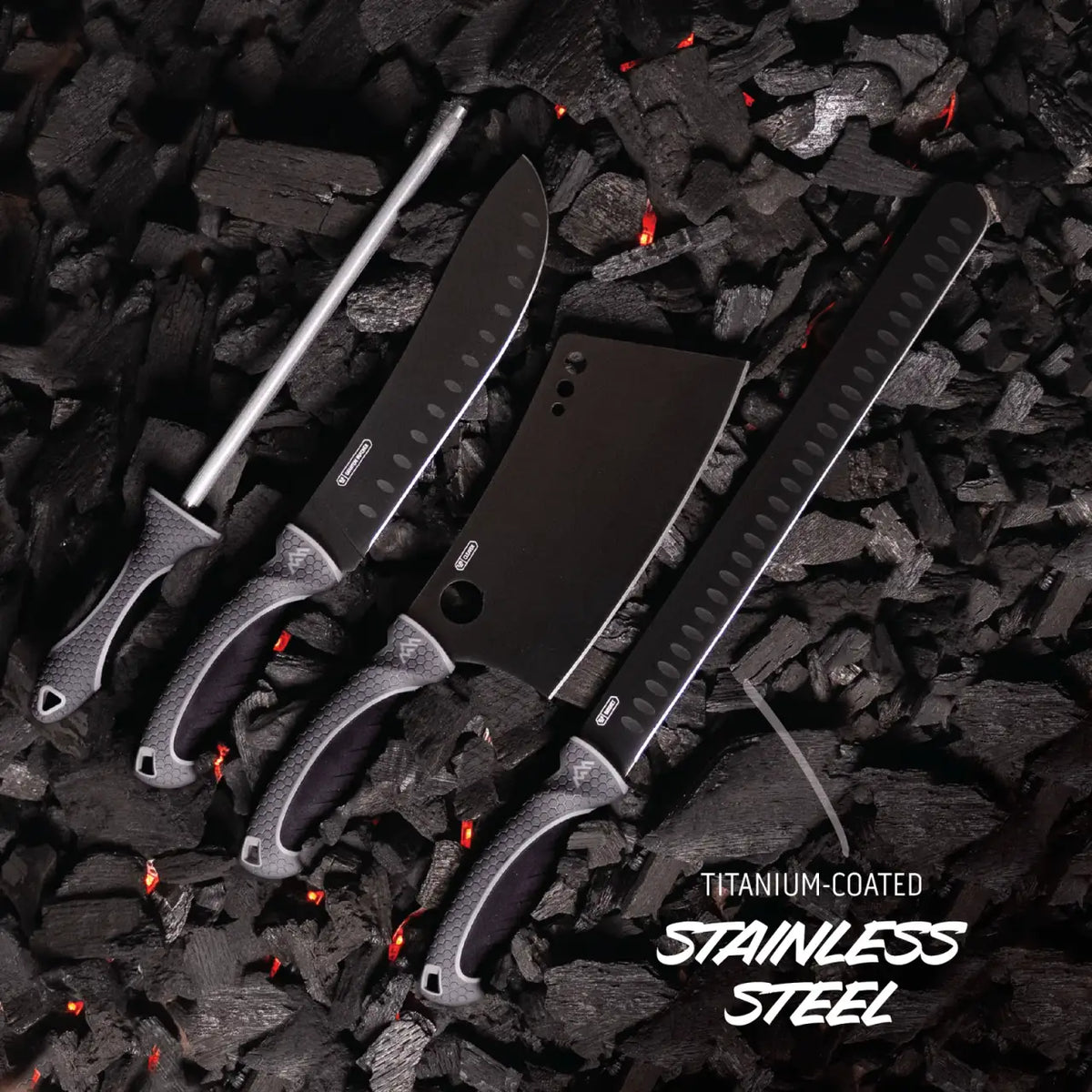 Meat Carving Knife Set for Butchering and BBQ with Three Titanium-Coated Blades and a Storage Roll