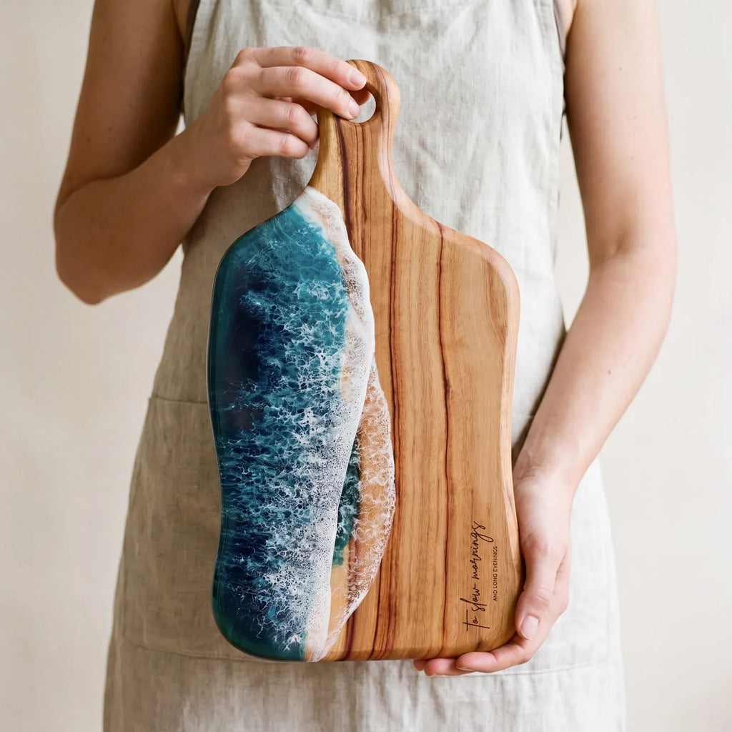 Medium Resin Paddle Serving Board, Camphor Laurel Timber, Hand-Poured Resin, Personalized Gift-Ready Design