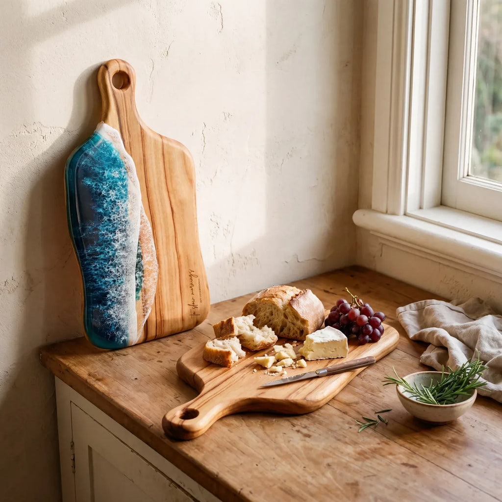 Medium Resin Paddle Serving Board, Camphor Laurel Timber, Hand-Poured Resin, Personalized Gift-Ready Design