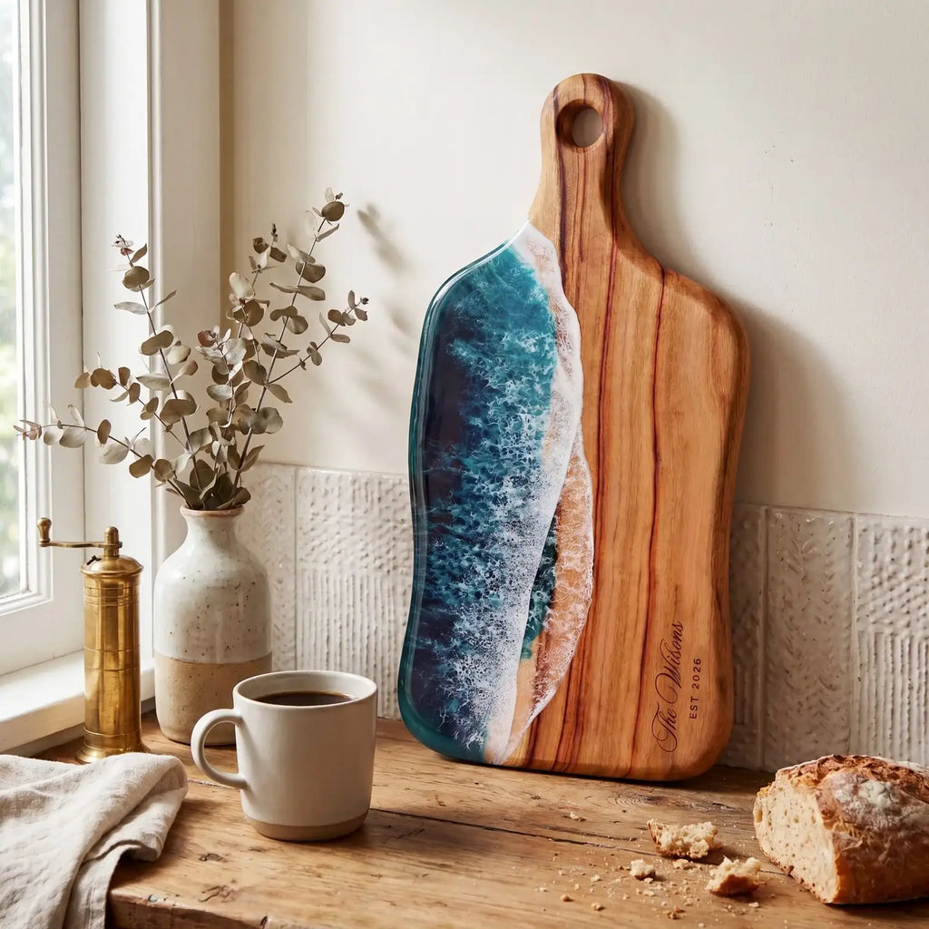 Medium Resin Paddle Serving Board, Camphor Laurel Timber, Hand-Poured Resin, Personalized Gift-Ready Design