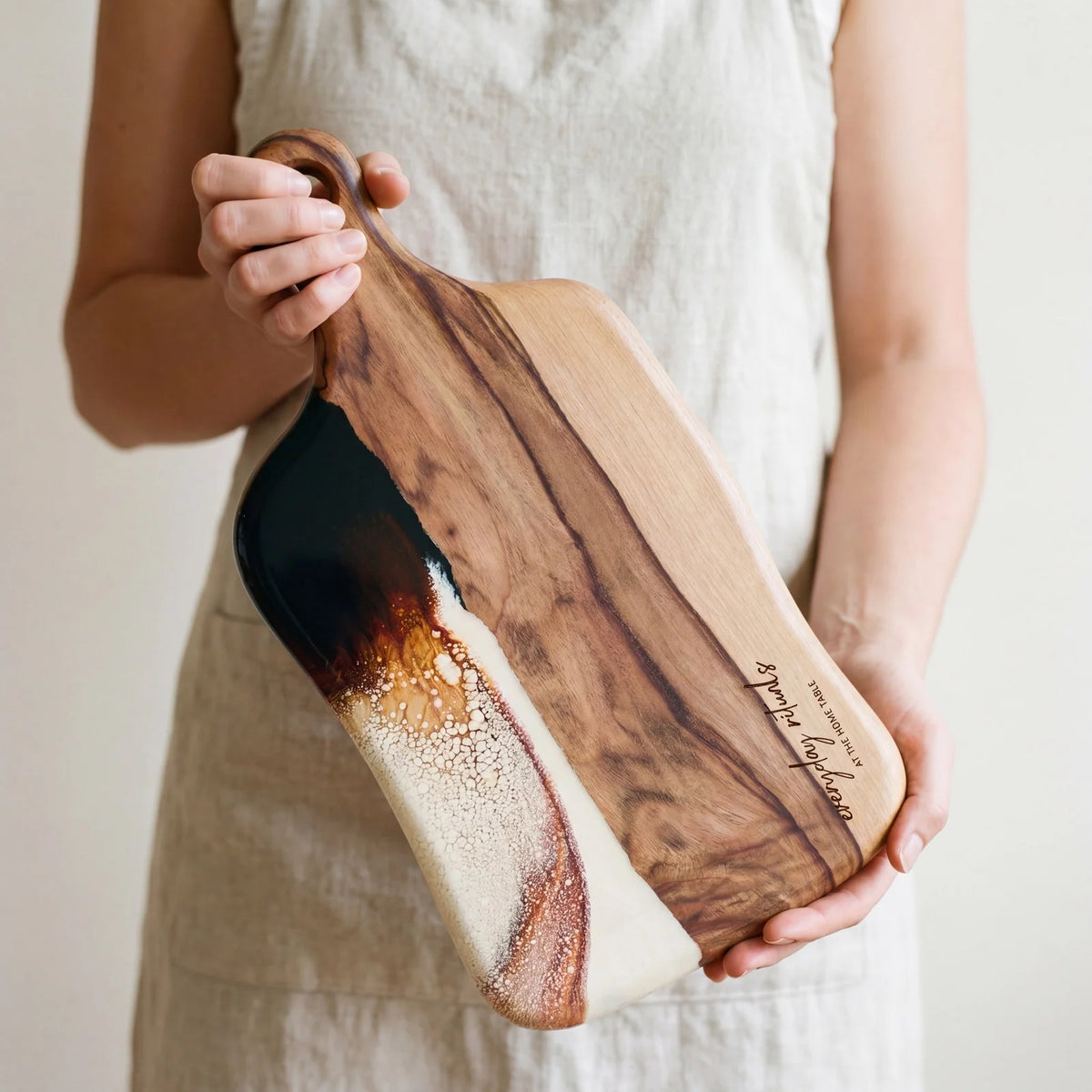 Medium Resin Paddle Serving Board, Camphor Laurel Timber, Hand-Poured Resin, Personalized Gift-Ready Design