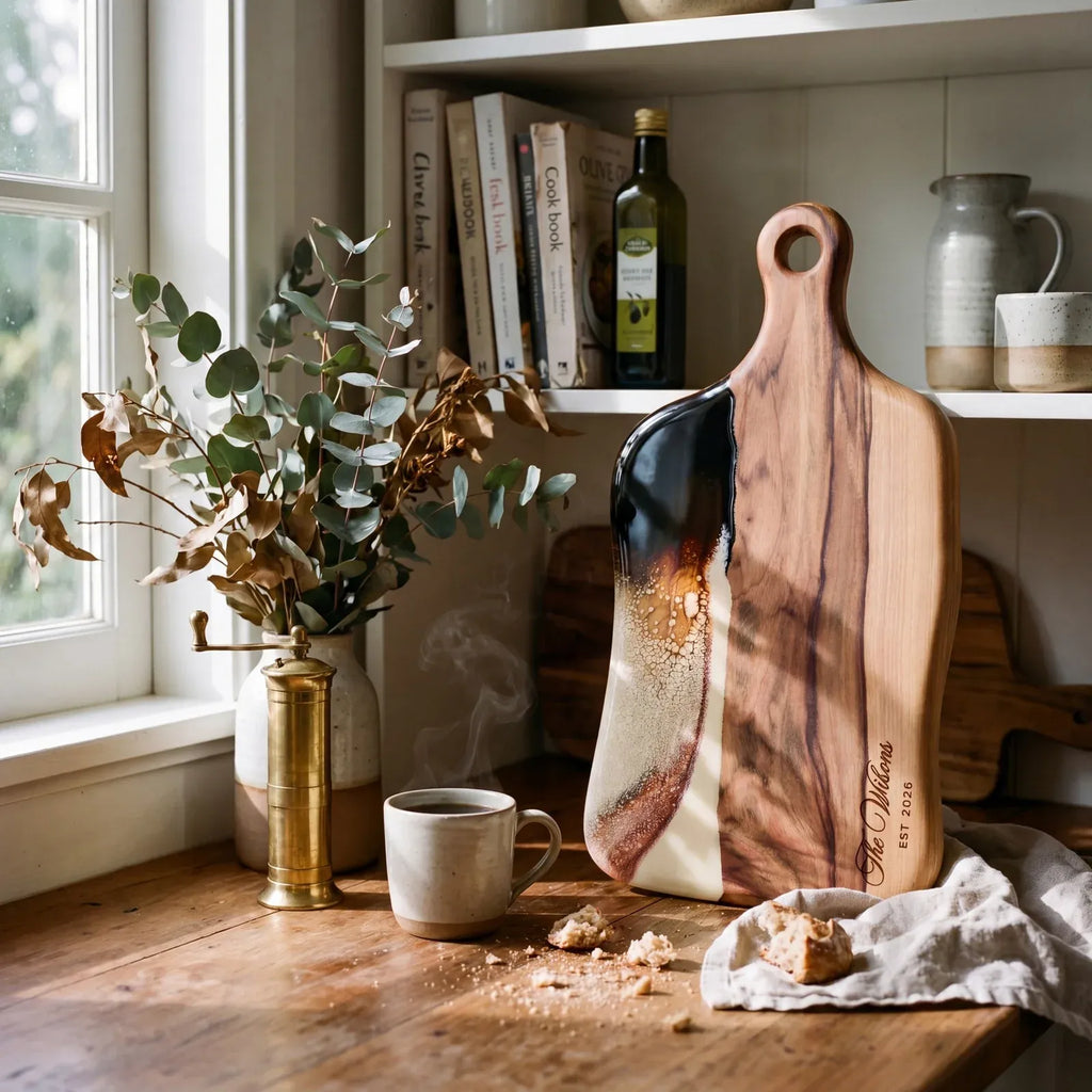 Medium Resin Paddle Serving Board, Camphor Laurel Timber, Hand-Poured Resin, Personalized Gift-Ready Design