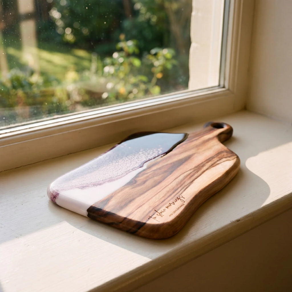 Medium Resin Paddle Serving Board, Camphor Laurel Timber, Hand-Poured Resin, Personalized Gift-Ready Design