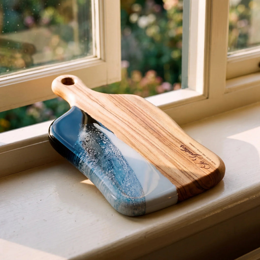 Medium Resin Paddle Serving Board, Camphor Laurel Timber, Hand-Poured Resin, Personalized Gift-Ready Design