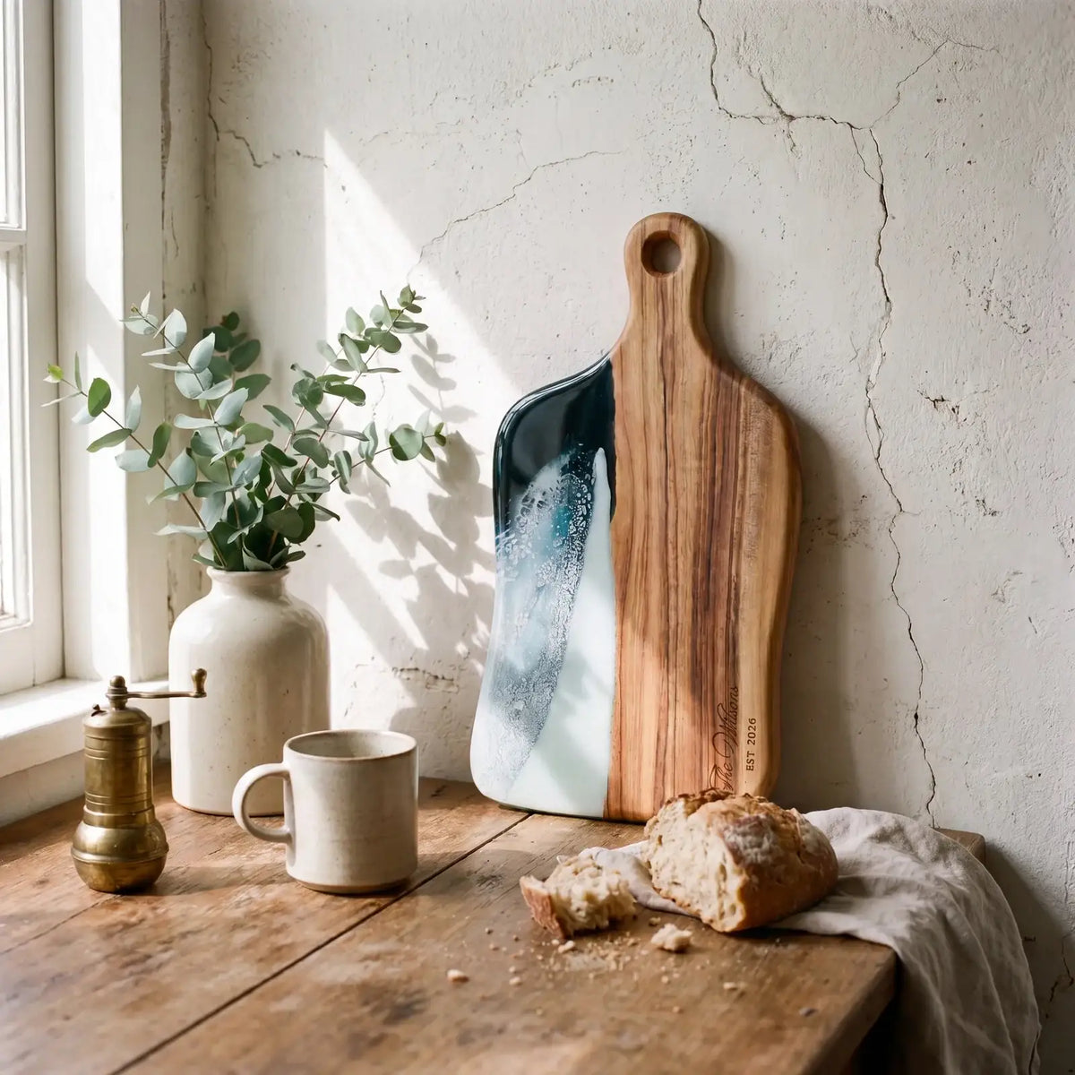 Medium Resin Paddle Serving Board, Camphor Laurel Timber, Hand-Poured Resin, Personalized Gift-Ready Design