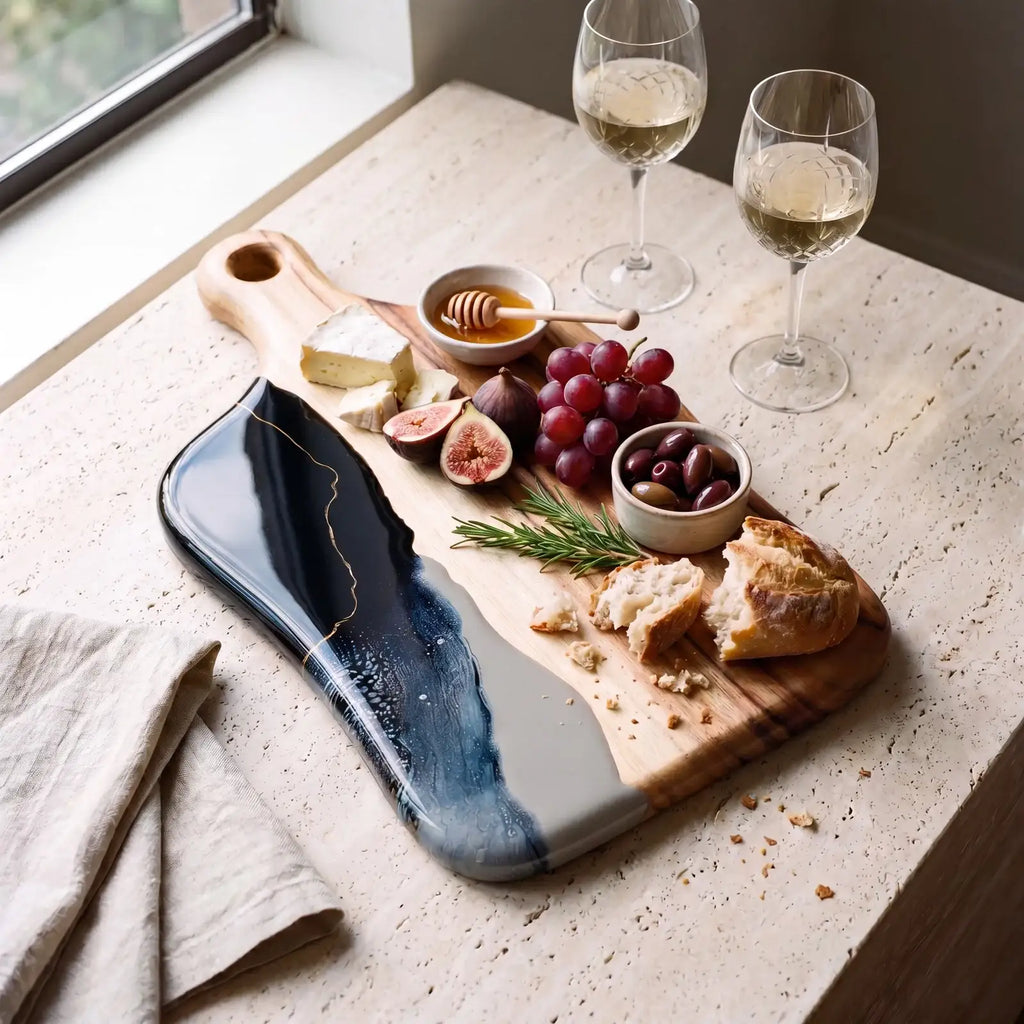 Medium Resin Paddle Serving Board, Camphor Laurel Timber, Hand-Poured Resin, Personalized Gift-Ready Design