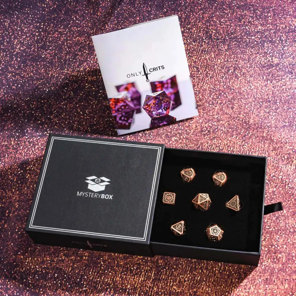 Metal Dice Set Subscription Box with One Full 7-Piece Set Each Month and Curated Table-Ready Designs