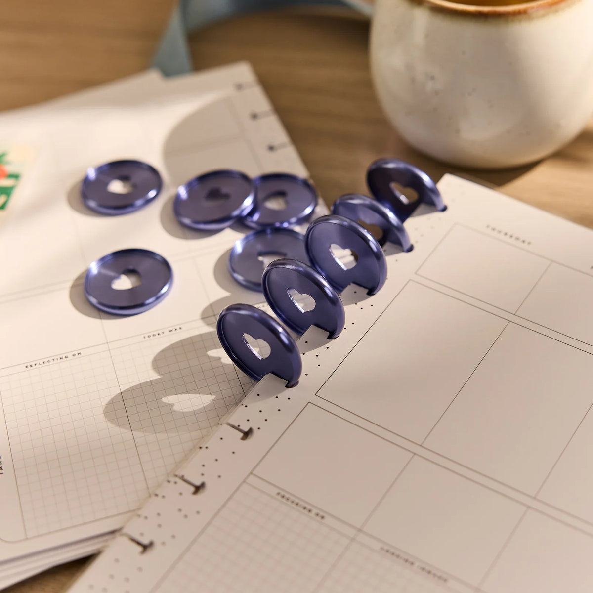 Metal Planner Discs in Cool Blue, 11 Medium Binding Discs with Heart Cutouts for Planner Customization