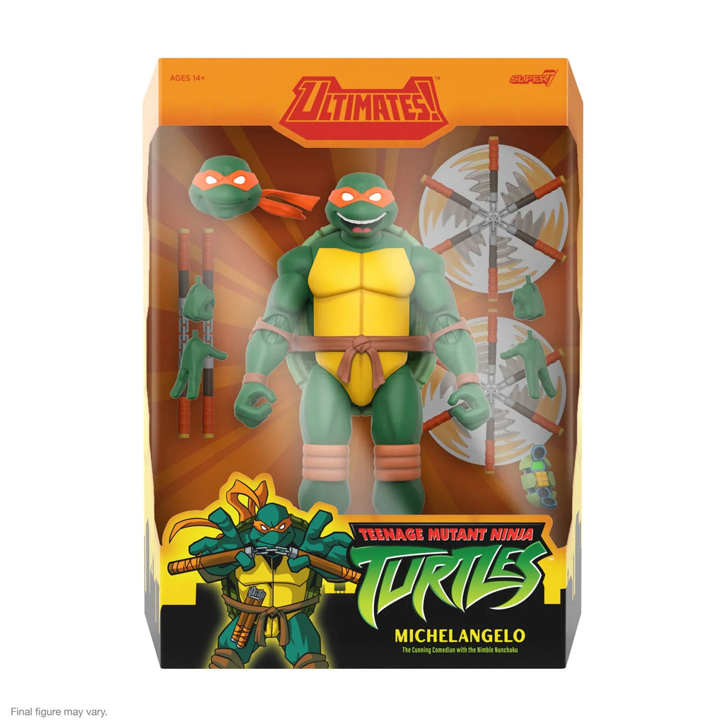 Michelangelo Action Figure, 7-Inch Highly Articulated Collectible with Interchangeable Parts and Nunchuck Accessories