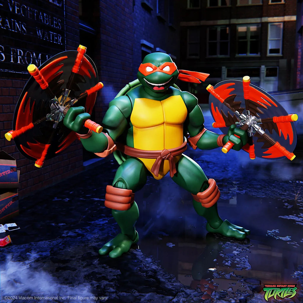 Michelangelo Action Figure, 7-Inch Highly Articulated Collectible with Interchangeable Parts and Nunchuck Accessories