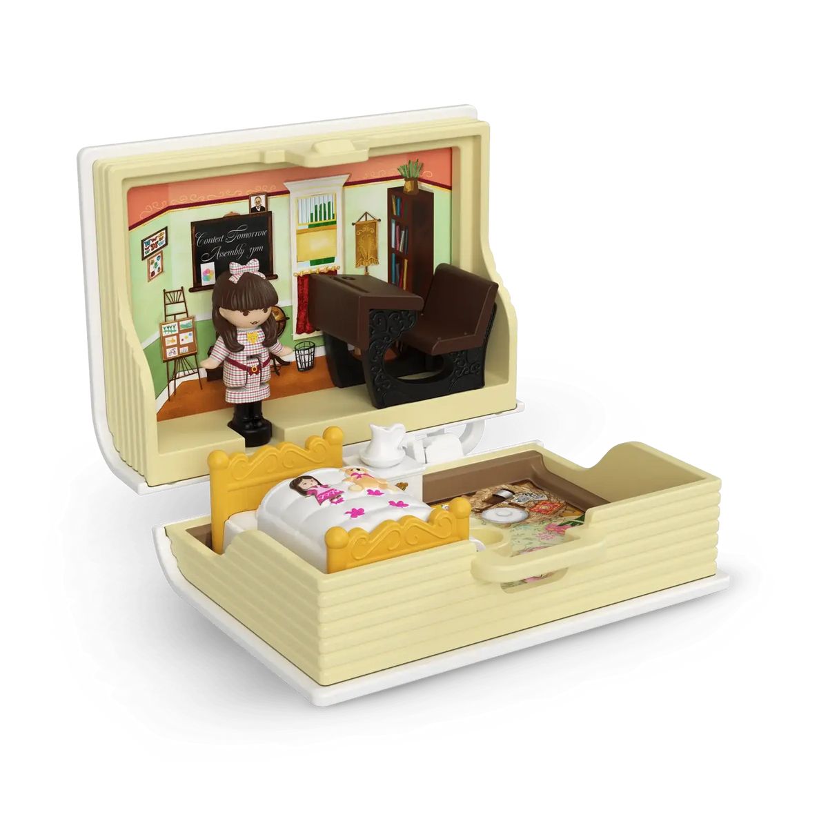 Micro Doll Compact Playset Trio with Book-Themed Bedrooms, Three Doll-Box Charms and a Star Keychain Clip