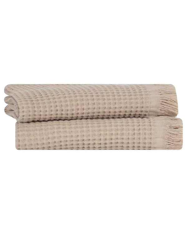 Micro Waffle Hand Towels, 2-Pack Sand Bath Bundle with Turkish Organic Cotton and Tasseled Fringe