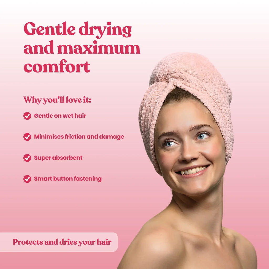 Microfiber Hair Towel with a Secure Button Fastening and Soft, Absorbent Fabric for Comfortable Drying