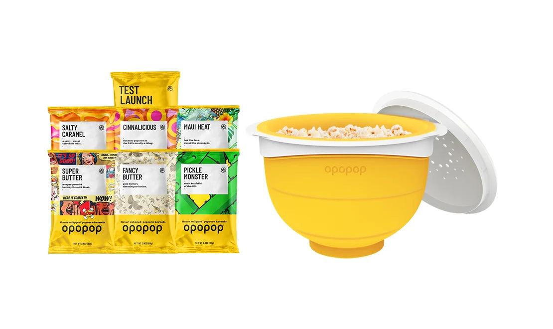 Microwave Popcorn Discovery Kit with Seven Flavor Sachets, Including Lightly Salted Test Launch, and Popper