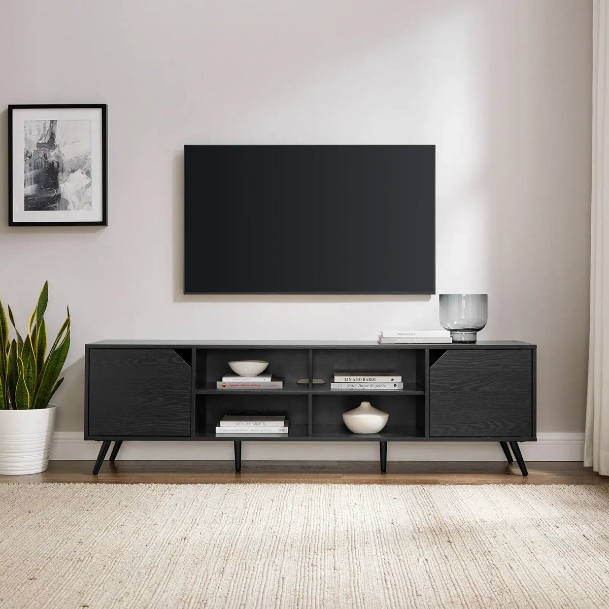 Mid-Century Modern Angular TV Stand, 70"-Black