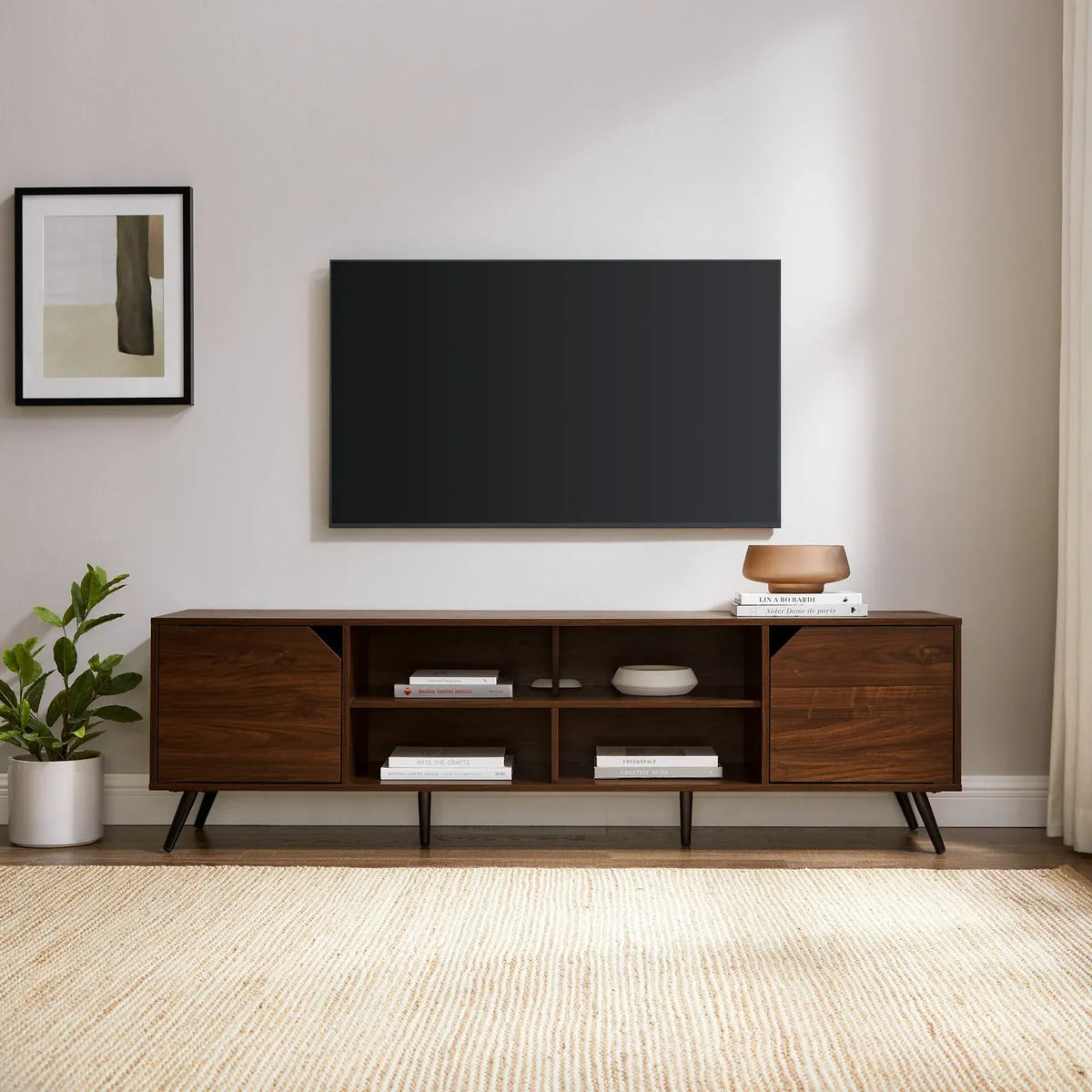 Mid-Century Modern Angular TV Stand, 70"-Dark Walnut