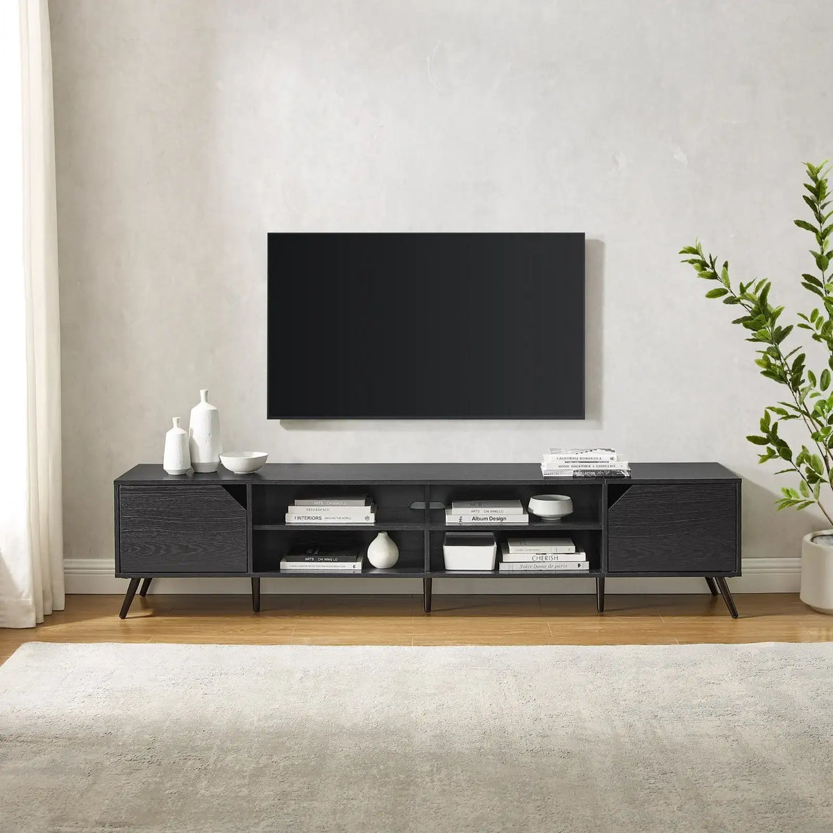 Mid-Century Modern Angular TV Stand, 80"-Black