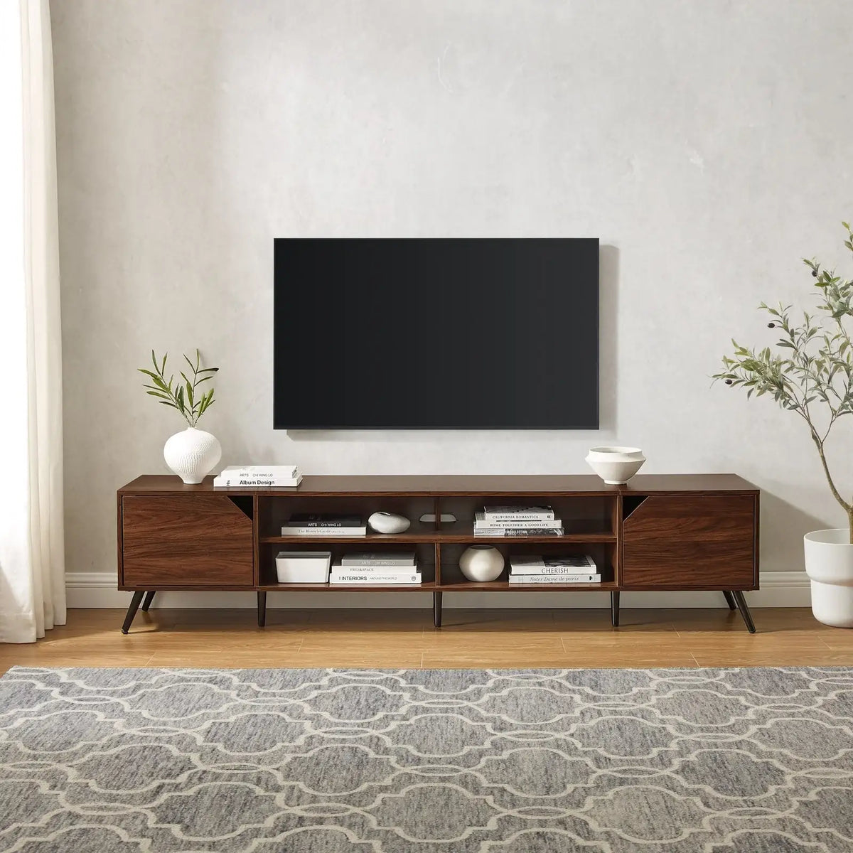 Mid-Century Modern Angular TV Stand, 80"-Dark Walnut