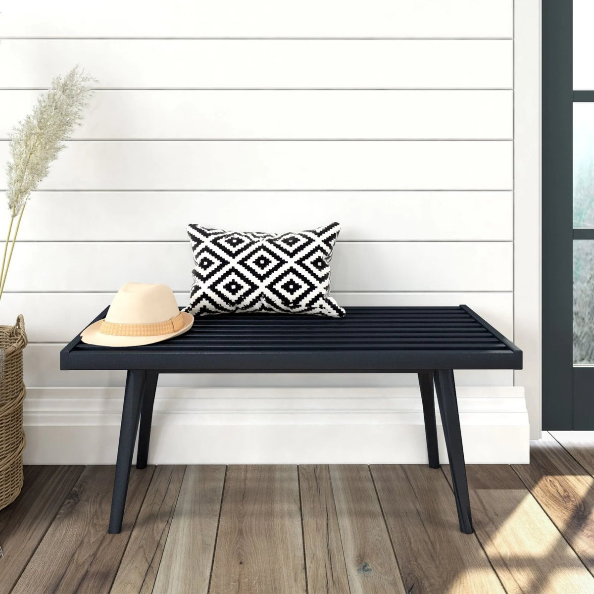 Mid-Century Modern Entryway Bench in Solid Wood, Black