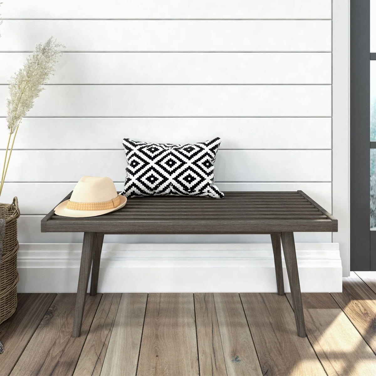 Mid-Century Modern Entryway Bench in Solid Wood, Clay