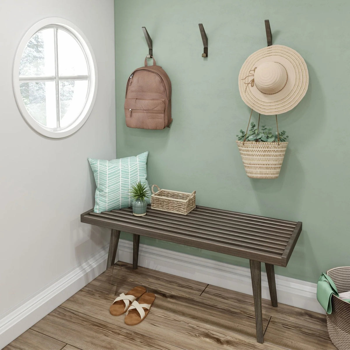Mid-Century Modern Entryway Bench in Solid Wood