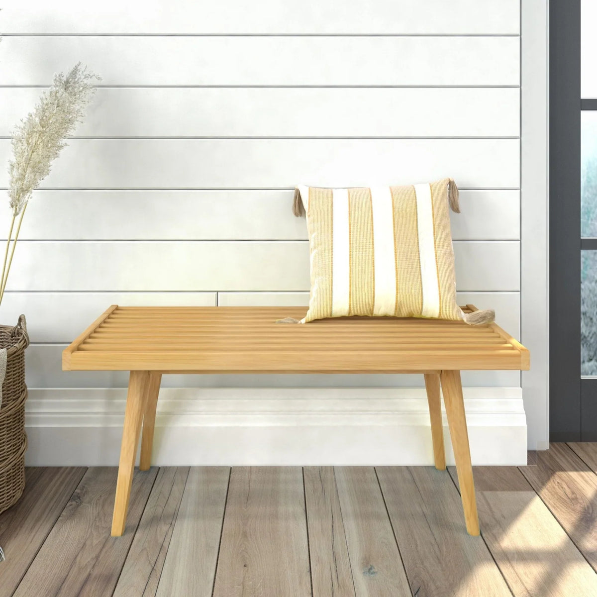 Mid-Century Modern Entryway Bench in Solid Wood, Natural