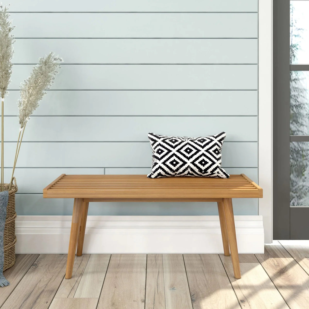 Mid-Century Modern Entryway Bench in Solid Wood, Pecan