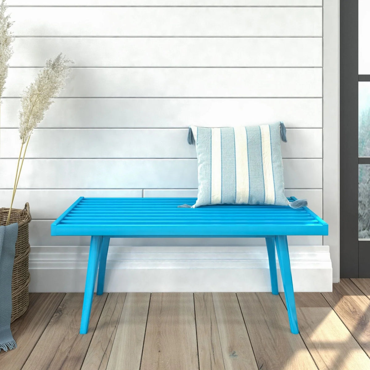 Mid-Century Modern Entryway Bench in Solid Wood, Teal