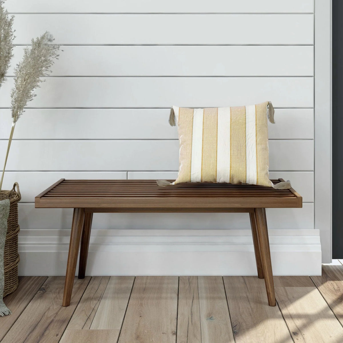 Mid-Century Modern Entryway Bench in Solid Wood, Walnut