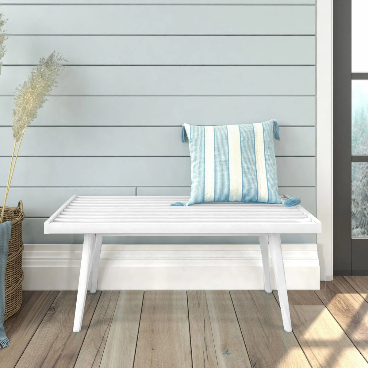 Mid-Century Modern Entryway Bench in Solid Wood, White