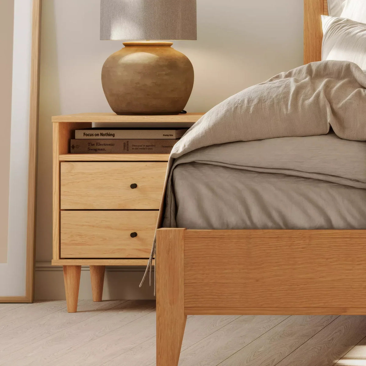 Mid Century Two Drawer Nightstand, Brushed Natural