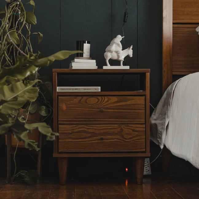 Mid Century Two Drawer Nightstand, Brushed Walnut