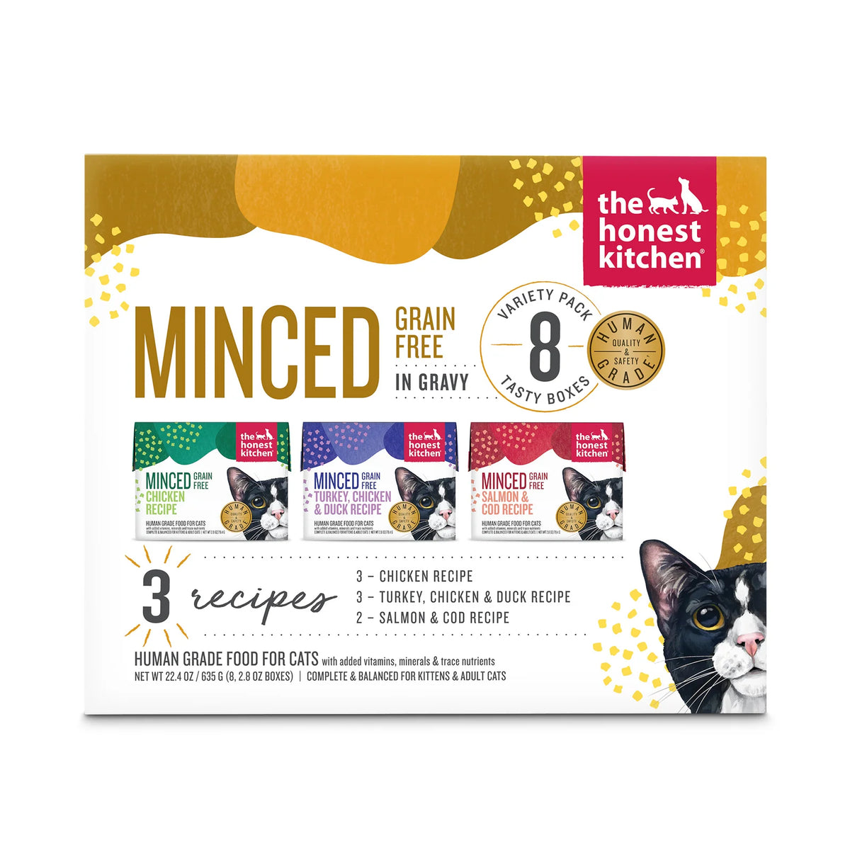 Minced Wet Cat Food Variety Pack in Gravy, 22.4 oz with Chicken, Three Bird Blend, Salmon and Cod Recipes — 22.4 oz