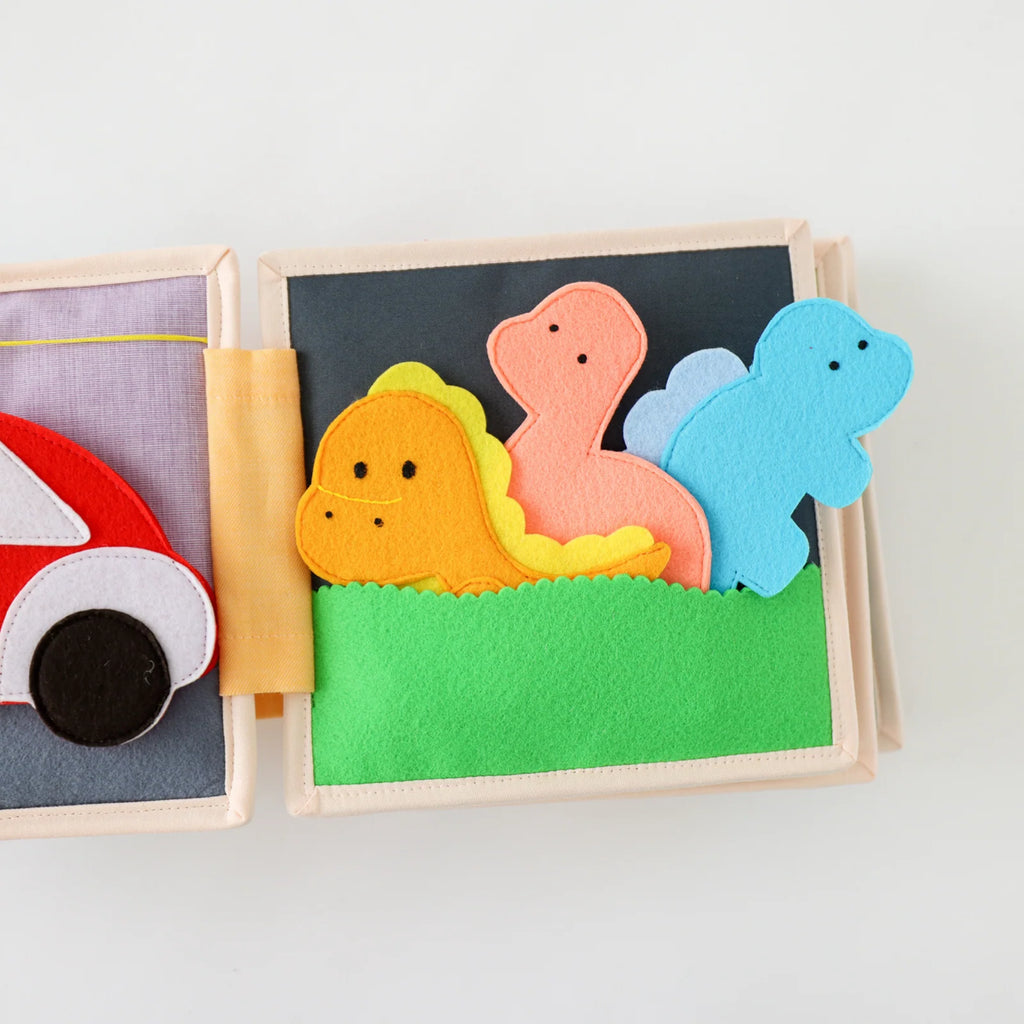 Mini Busy Book for Practical Skills and Imaginative Play with Three Dinosaur Finger Puppets