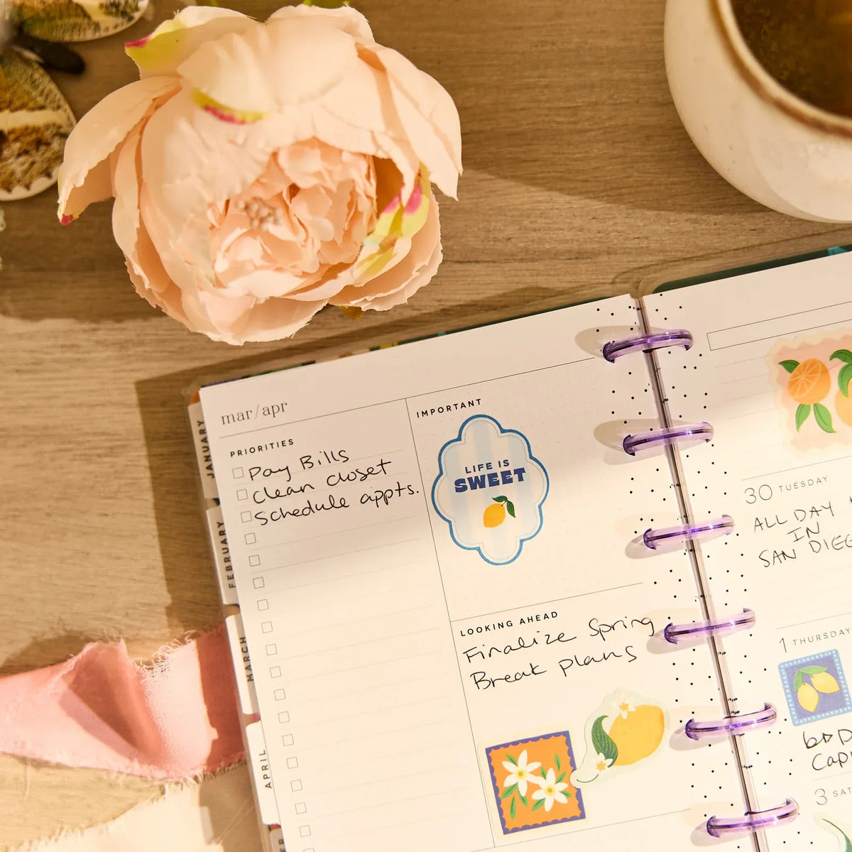 Mini Dashboard Planner for July 2026–June 2027 with a Lavender Daisy Cover and Customizable Disc Binding