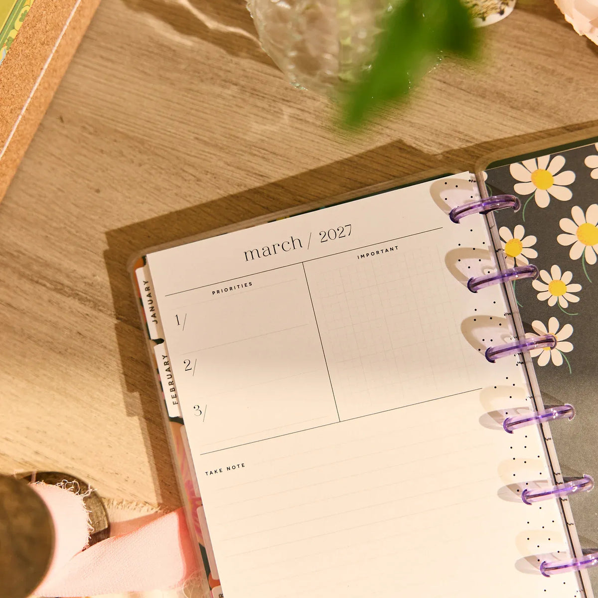 Mini Dashboard Planner for July 2026–June 2027 with a Lavender Daisy Cover and Customizable Disc Binding