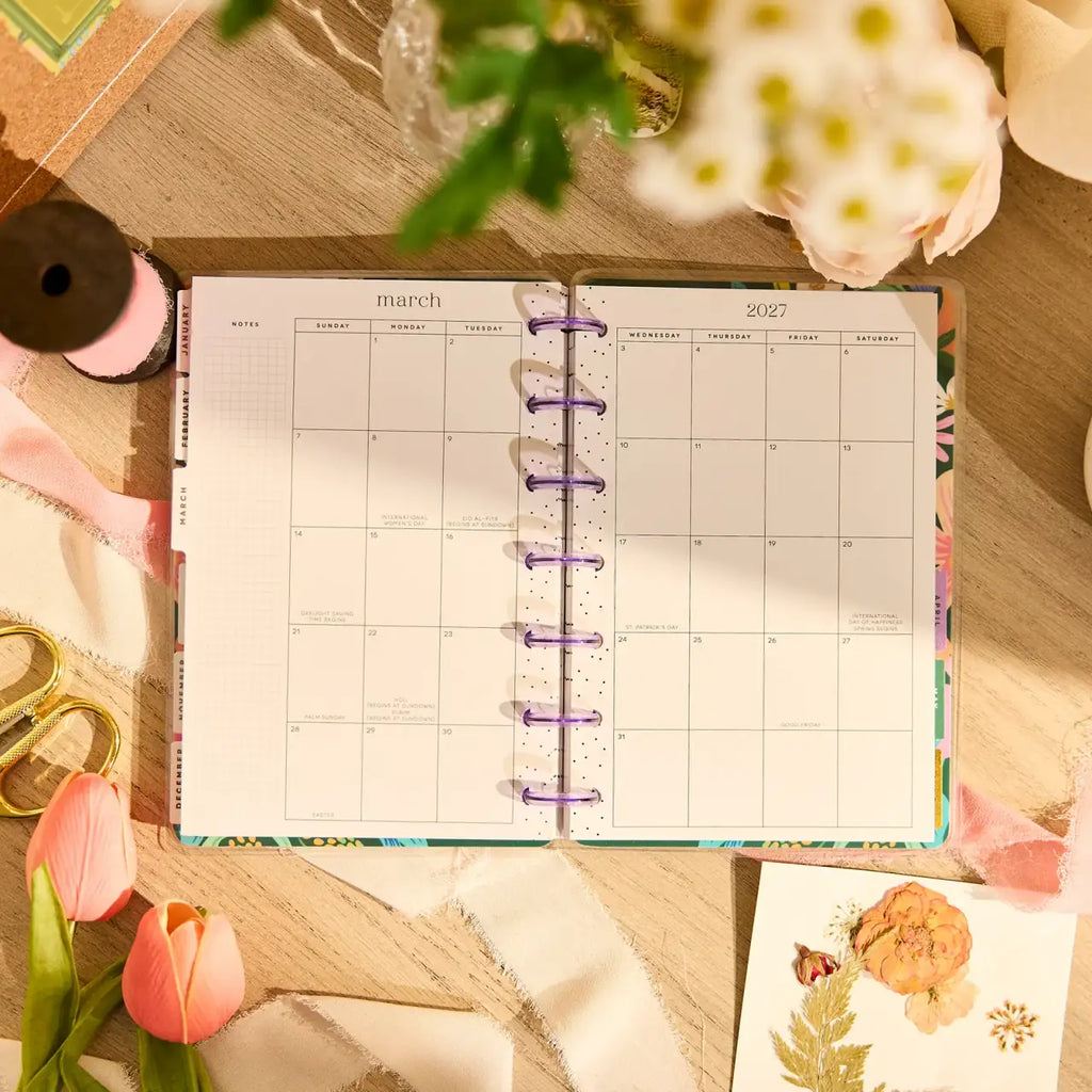 Mini Dashboard Planner for July 2026–June 2027 with a Lavender Daisy Cover and Customizable Disc Binding