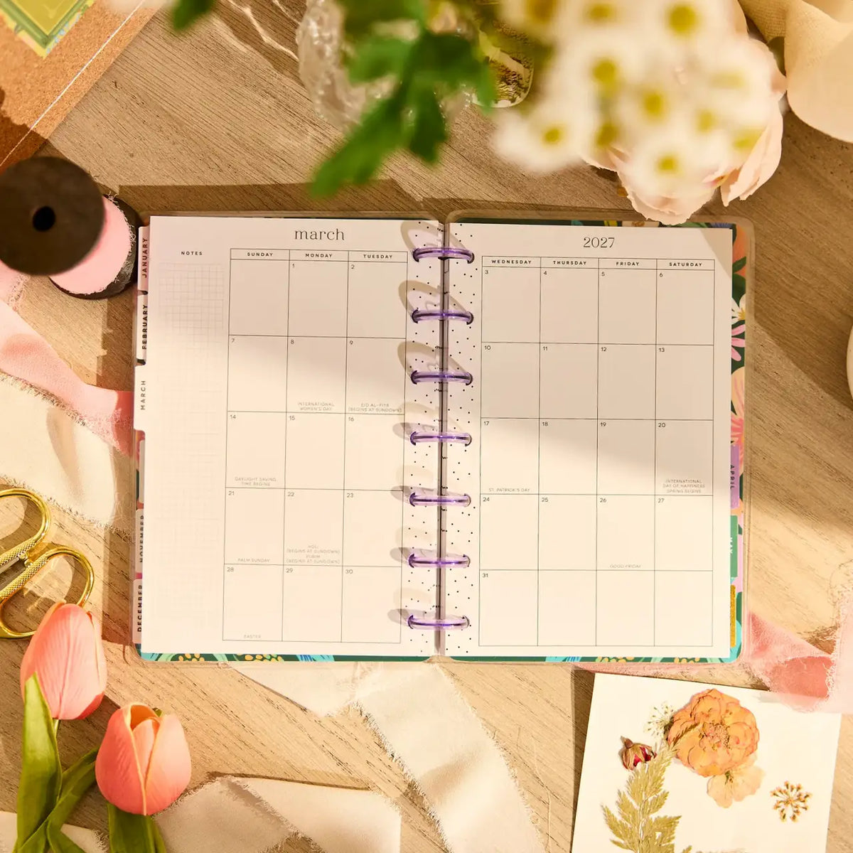 Mini Dashboard Planner for July 2026–June 2027 with a Lavender Daisy Cover and Customizable Disc Binding
