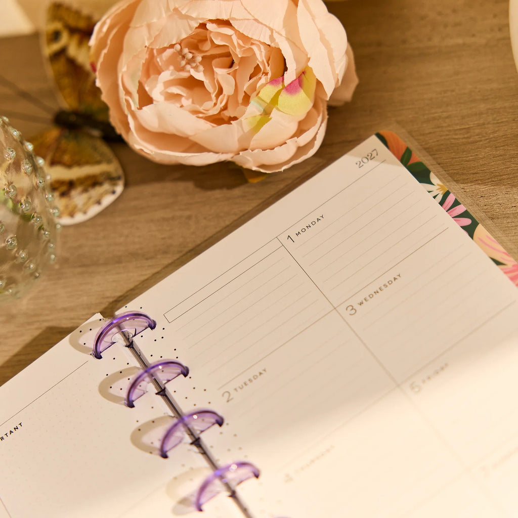 Mini Dashboard Planner for July 2026–June 2027 with a Lavender Daisy Cover and Customizable Disc Binding