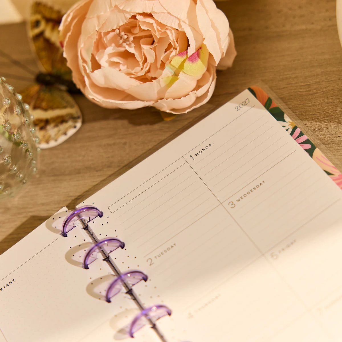 Mini Dashboard Planner for July 2026–June 2027 with a Lavender Daisy Cover and Customizable Disc Binding