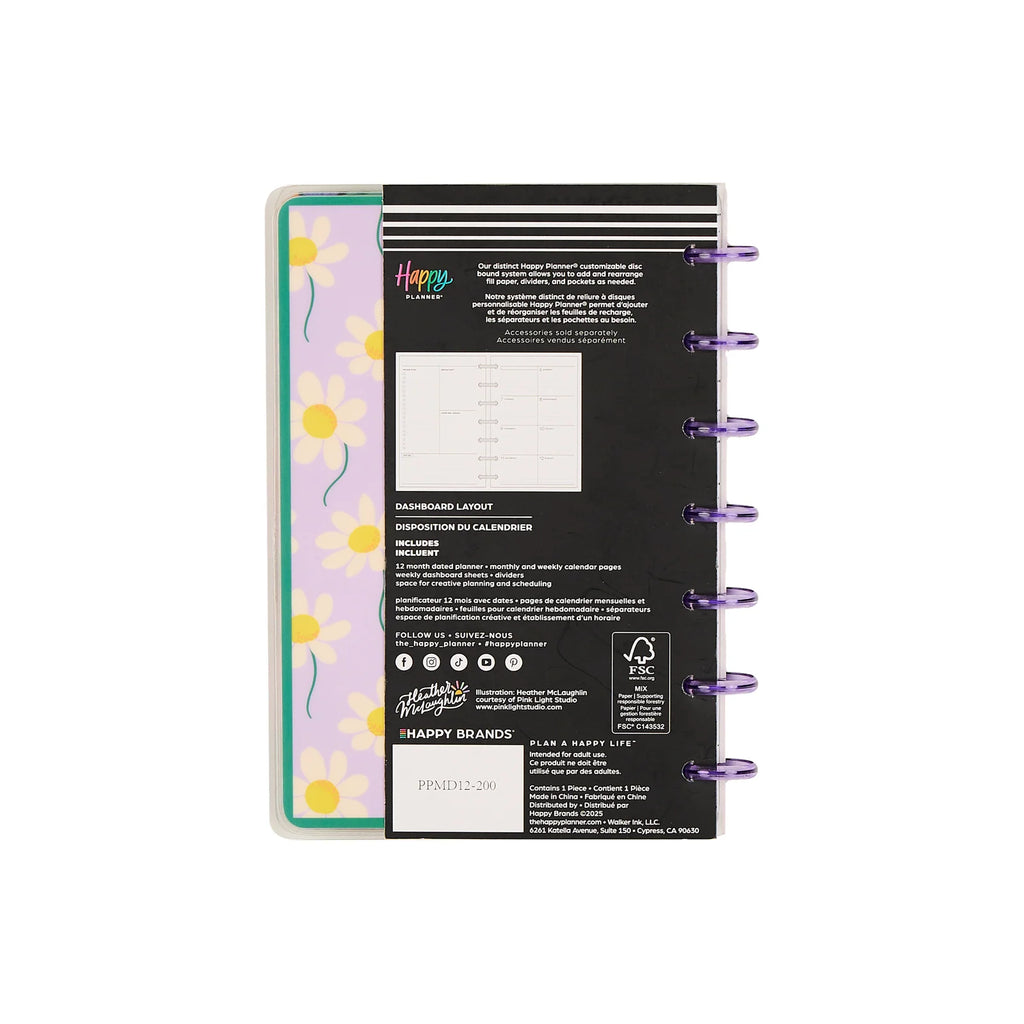 Mini Dashboard Planner for July 2026–June 2027 with a Lavender Daisy Cover and Customizable Disc Binding