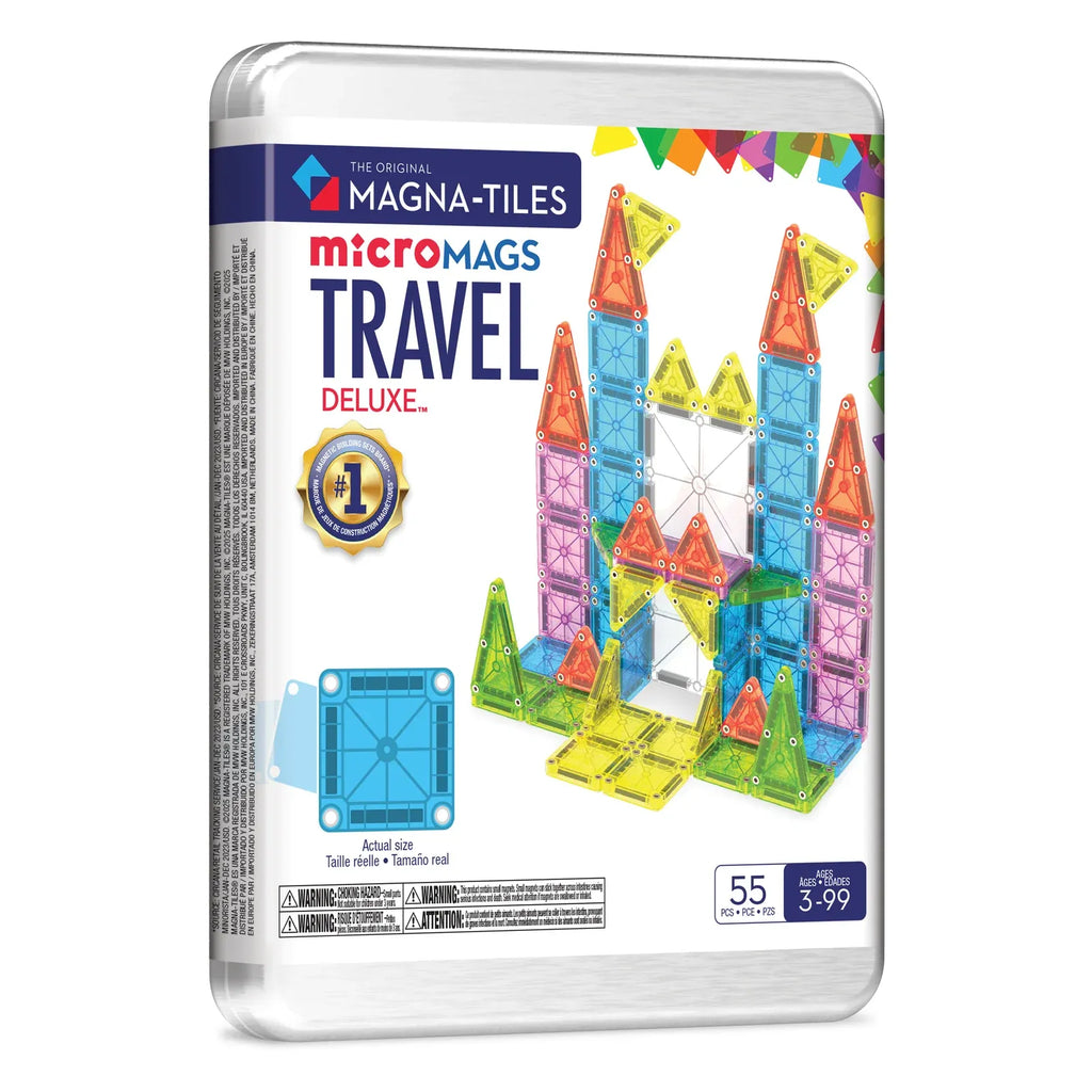 Mini Magnetic Tile Travel Set with 55 Pieces and a Reusable Metal Tin That Doubles as a Building Base