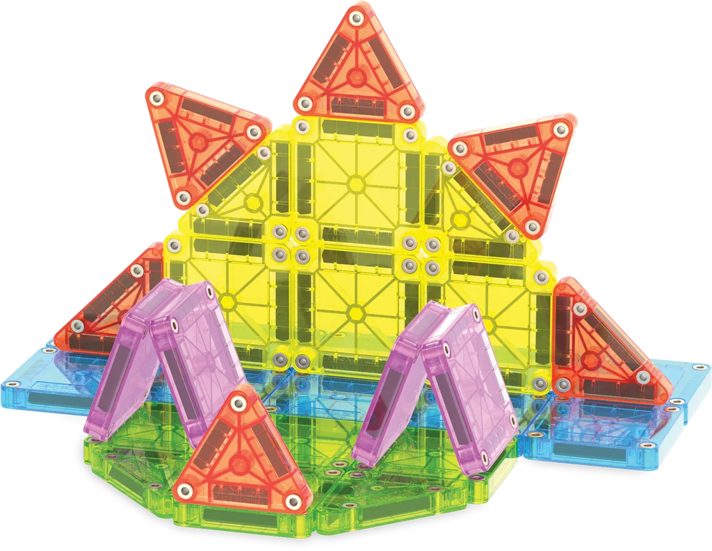 Mini Magnetic Tile Travel Set with 55 Pieces and a Reusable Metal Tin That Doubles as a Building Base