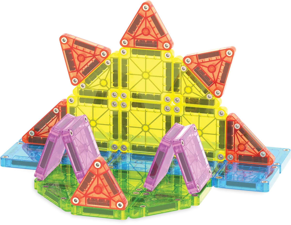 Mini Magnetic Tile Travel Set with 55 Pieces and a Reusable Metal Tin That Doubles as a Building Base