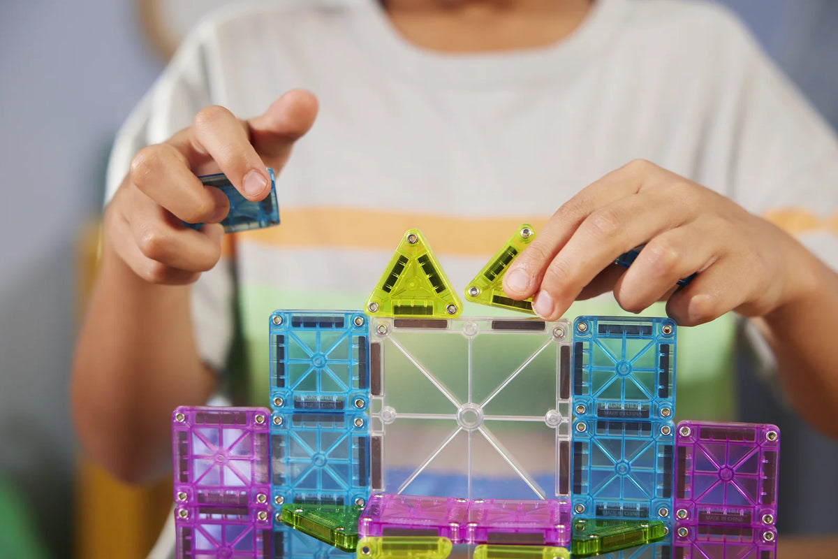 Mini Magnetic Tile Travel Set with 55 Pieces and a Reusable Metal Tin That Doubles as a Building Base