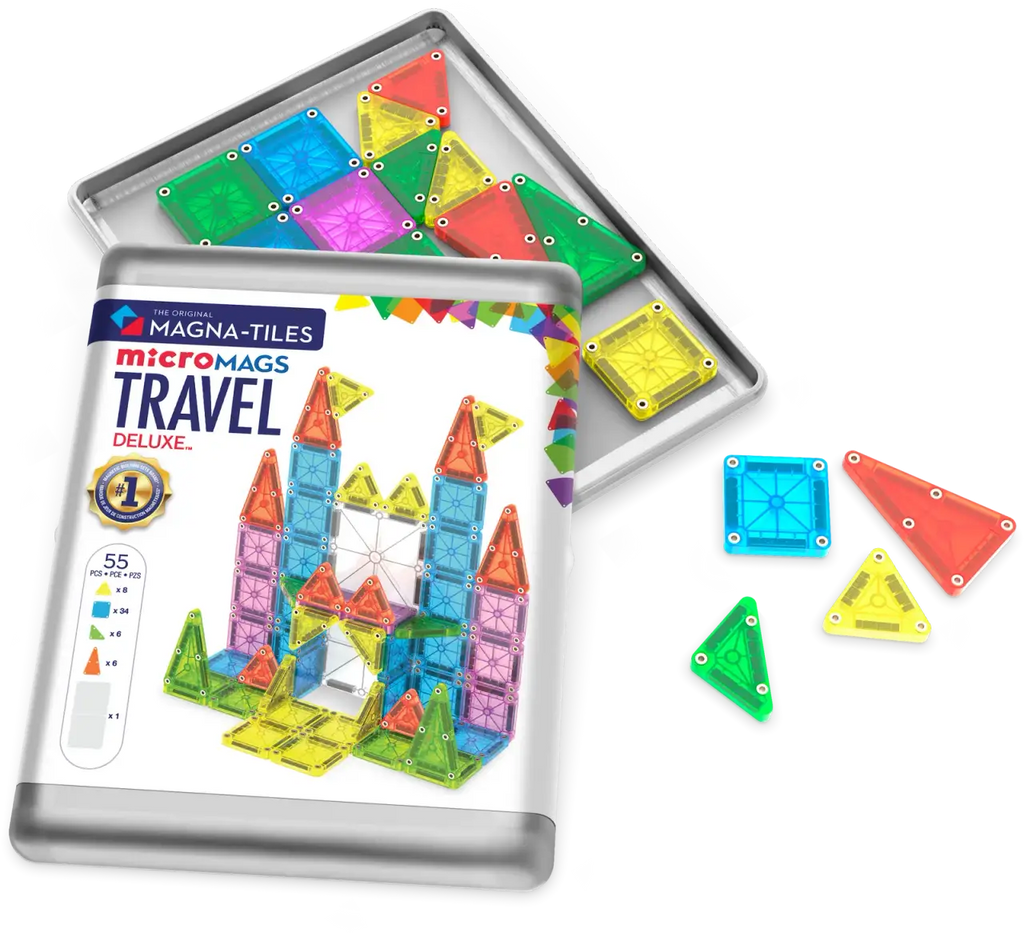 Mini Magnetic Tile Travel Set with 55 Pieces and a Reusable Metal Tin That Doubles as a Building Base